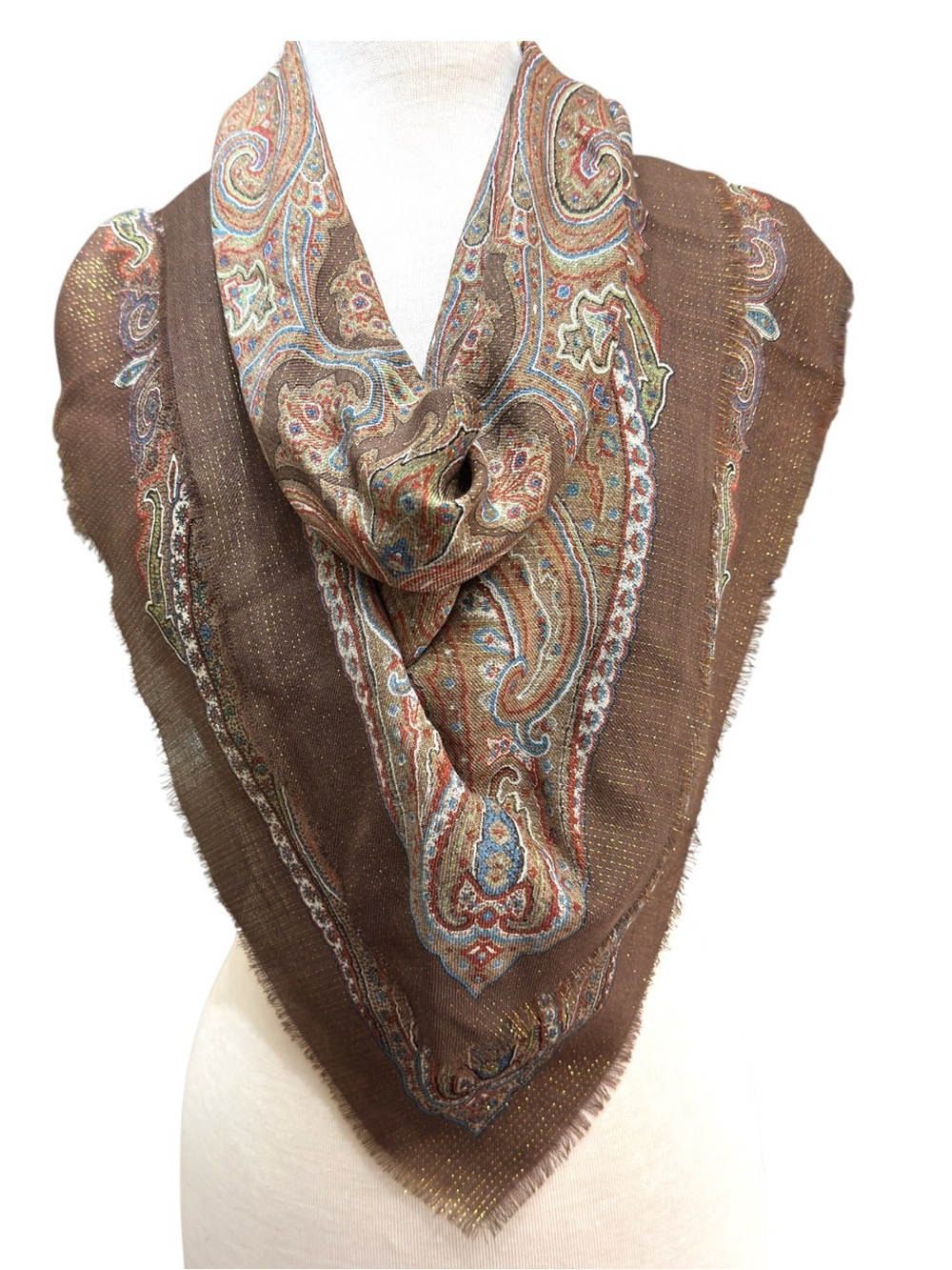 Vintage The Specialty House Inc Wool Lurex 34” Scarf Japan Fringe Ornate Scroll